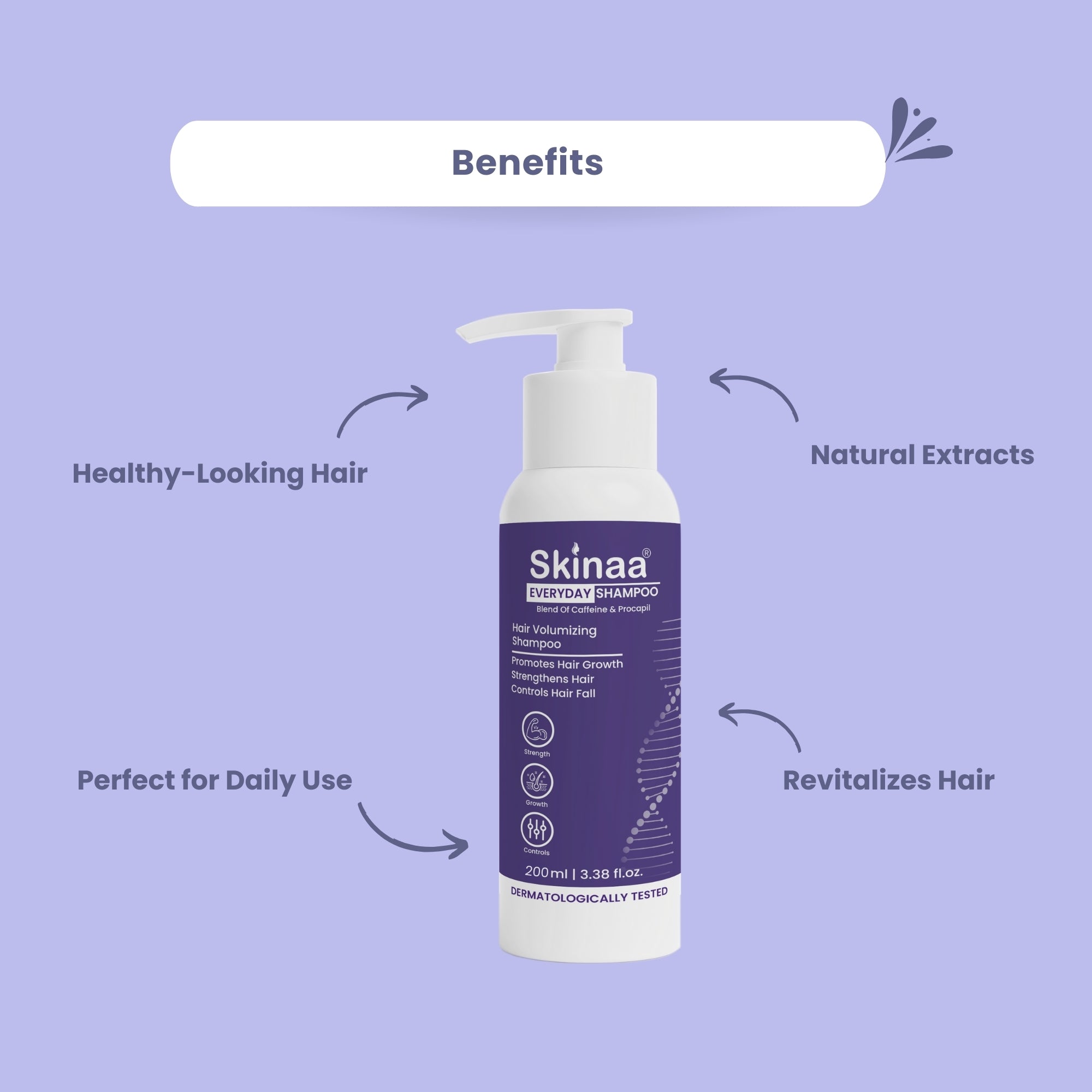 Benefits of Skinaa Everyday Shampoo – enriched with natural extracts for healthy-looking hair, revitalization, and safe daily use